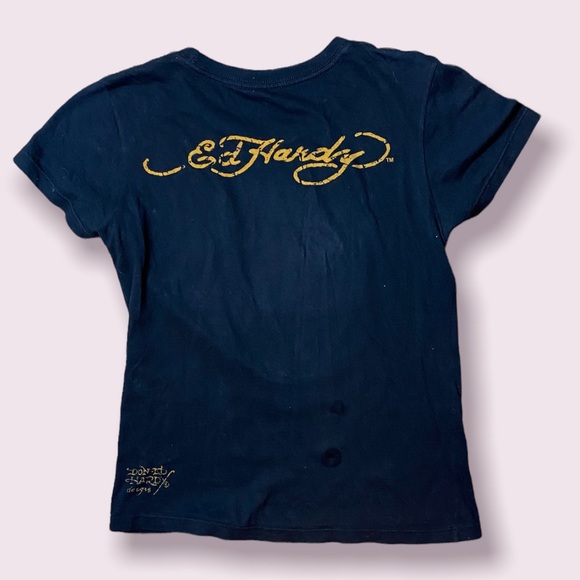 Y2K Ed Hardy skull and heart graphic rhinestone baby tee - Picture 2 of 5